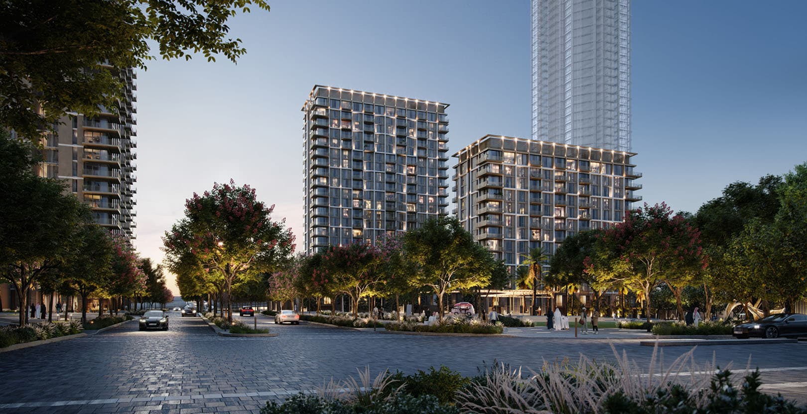 Aeon residential towers along a landscaped boulevard