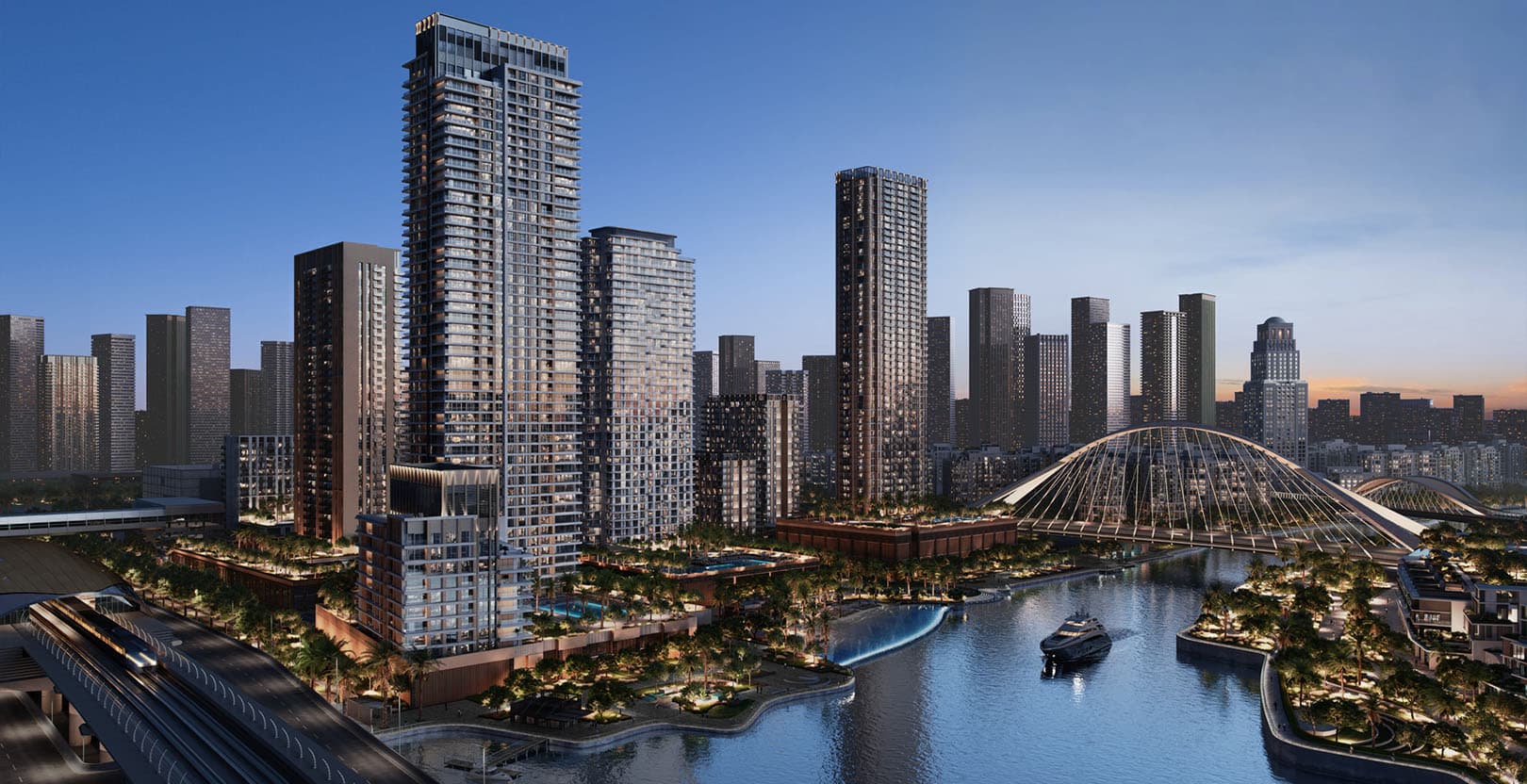 Aeon towers overlooking Dubai Creek Harbour at dusk