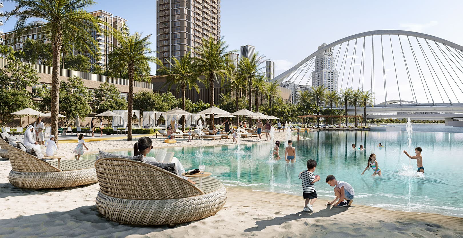 Aeon lagoon pool beside the Creek Harbour bridge