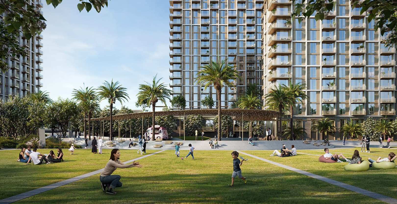 Aeon landscaped park lawn in front of the residential towers