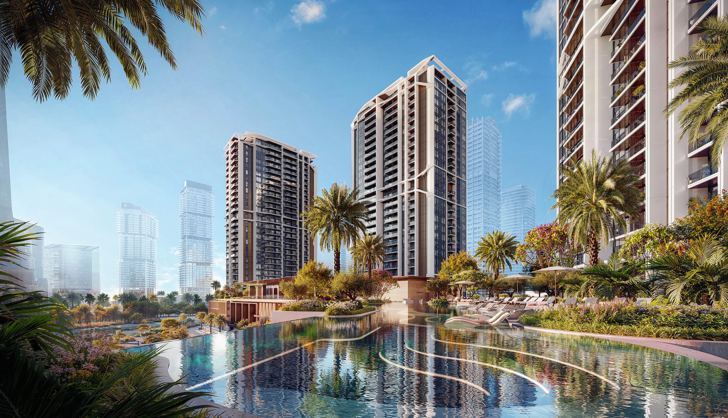 Eltiera Views towers beside the lake and pool