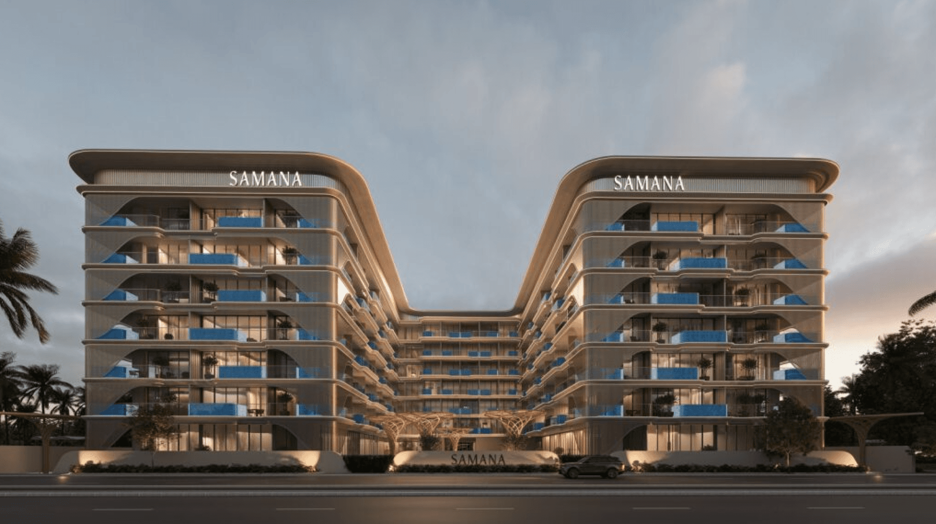 SAMANA Imperial Garden twin-wing residential facade at dusk