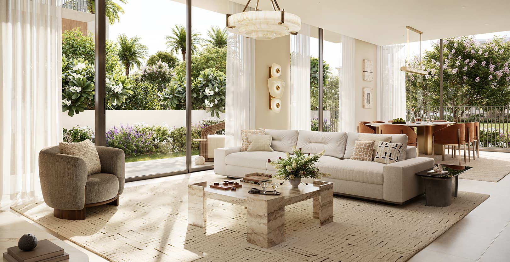 Selvara 4 living room opening onto a planted garden