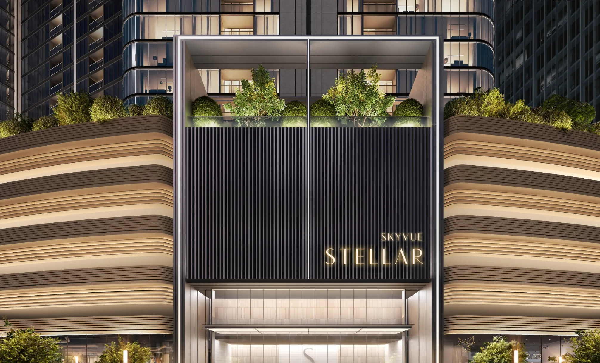 Skyvue Stellar entrance beneath the residential towers; official developer rendering
