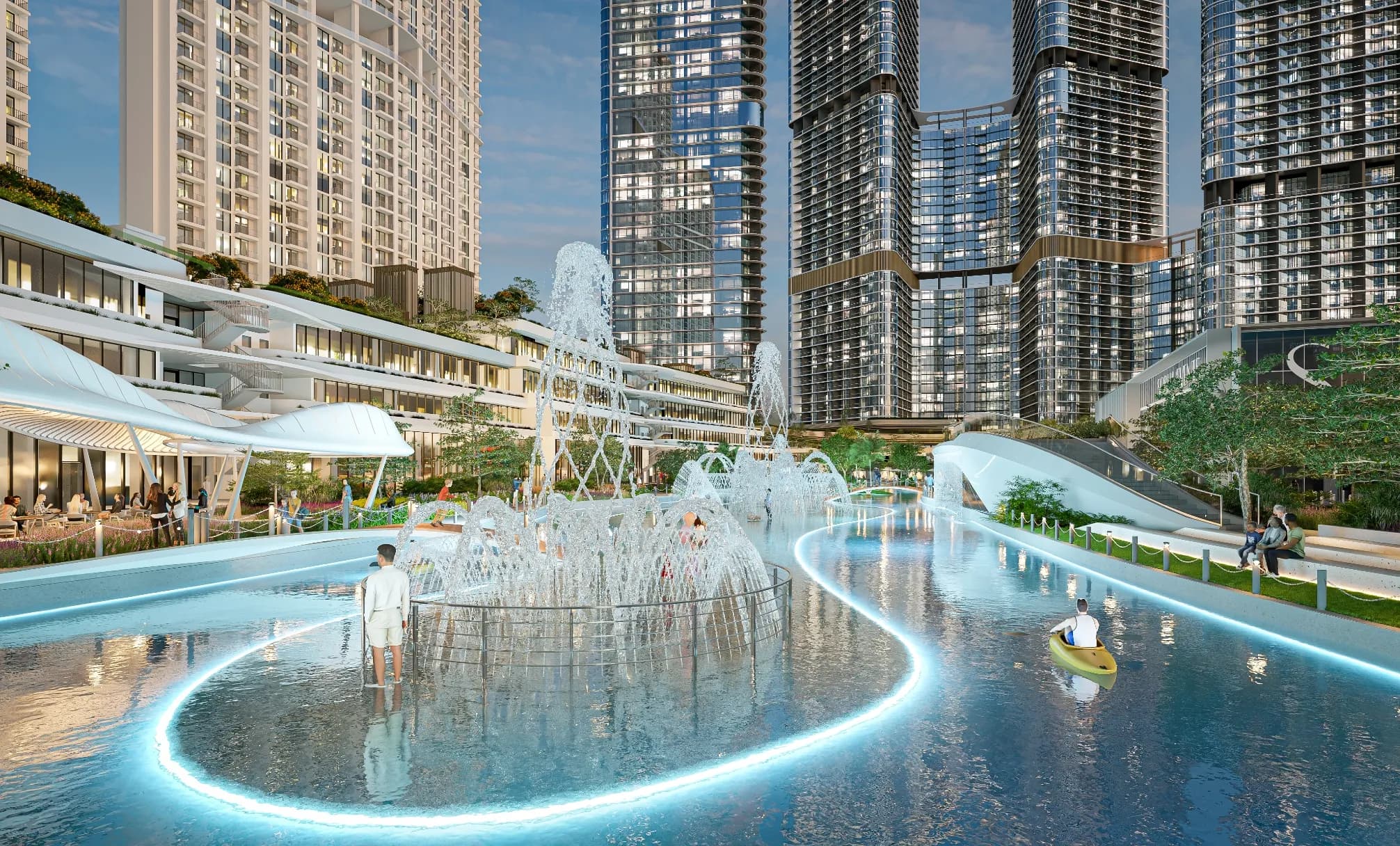 Skyvue Stellar landscaped water feature and residential towers; official developer rendering