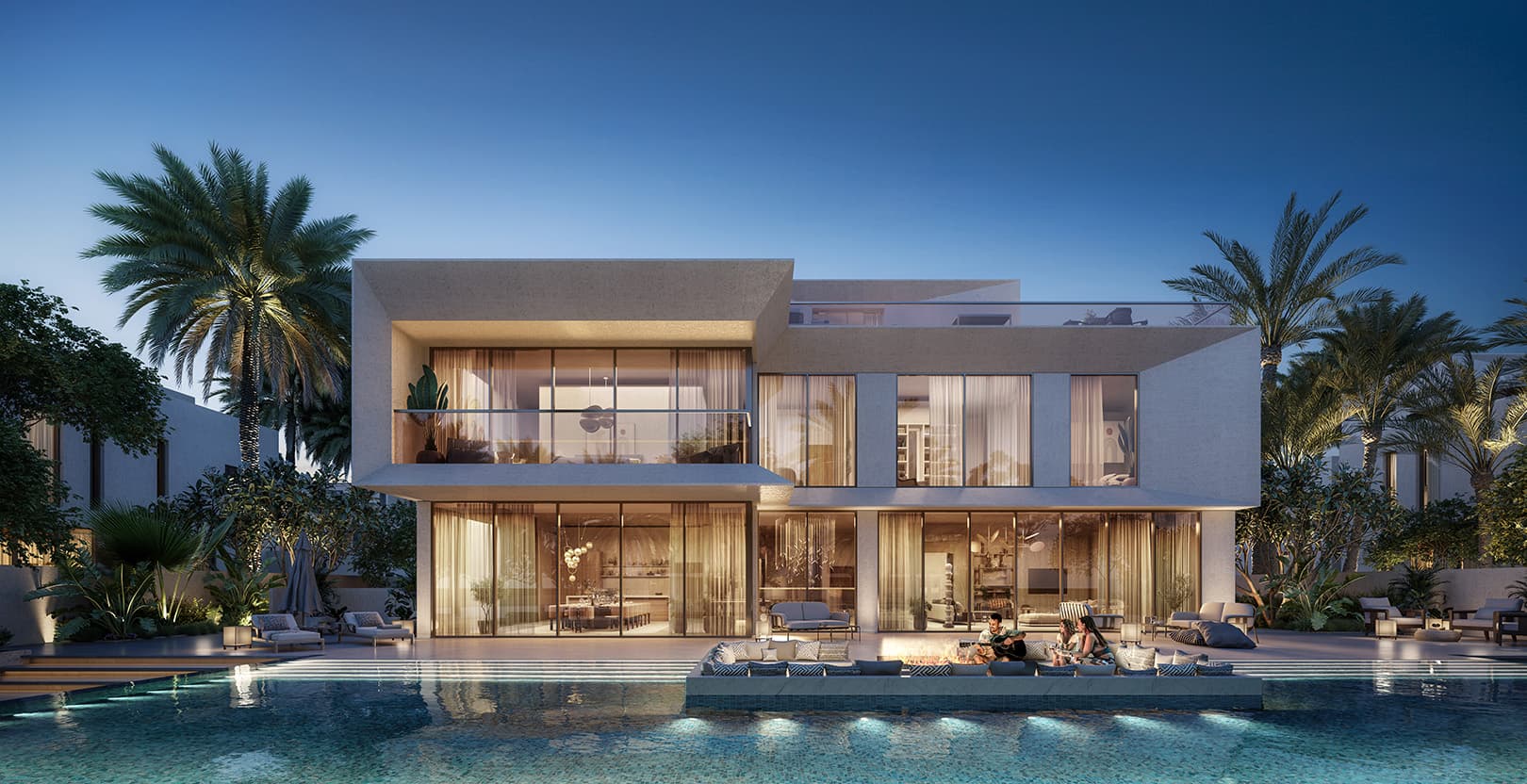 Mirage at The Oasis: pool-facing villa at dusk — official rendering
