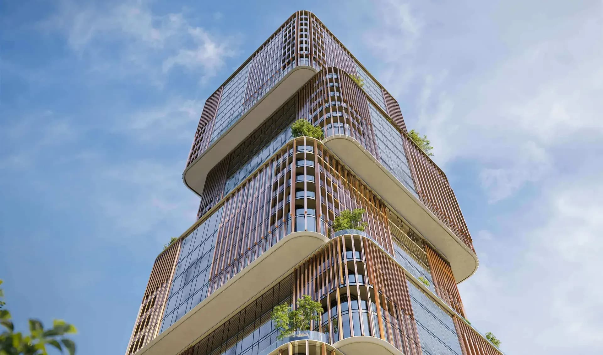 31 Above: close view of the stepped office tower facade; official developer rendering
