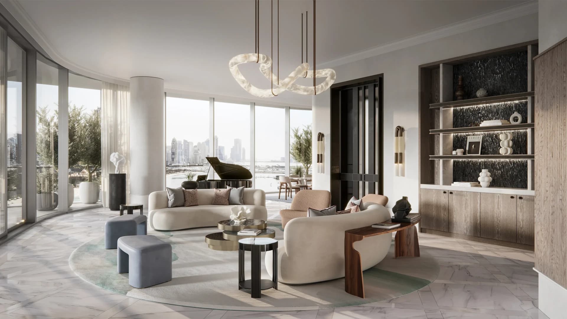 AVA at Palm Jumeirah: living room with full-height glazing; official developer rendering