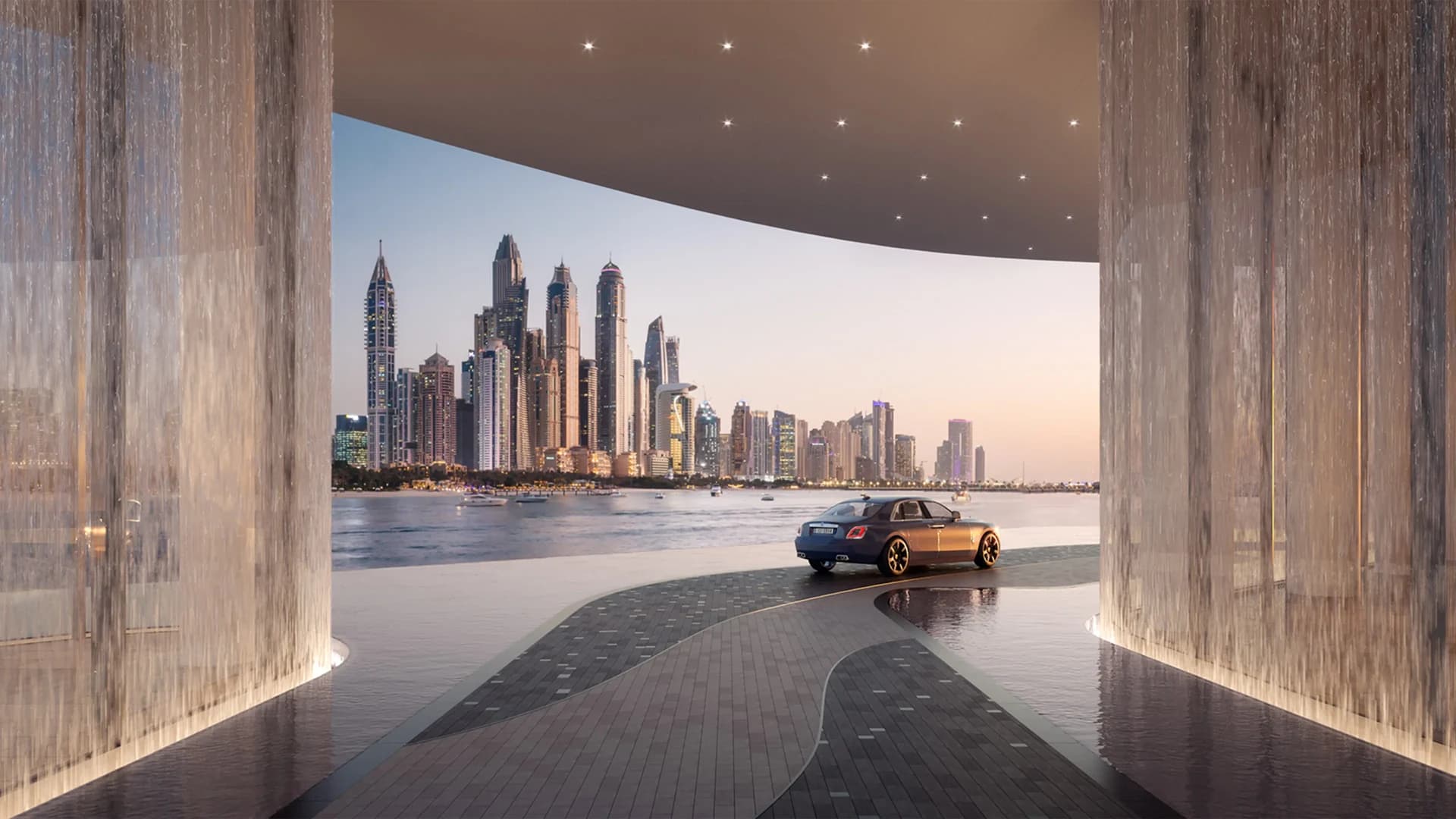 AVA at Palm Jumeirah: covered arrival and waterfront; official developer rendering
