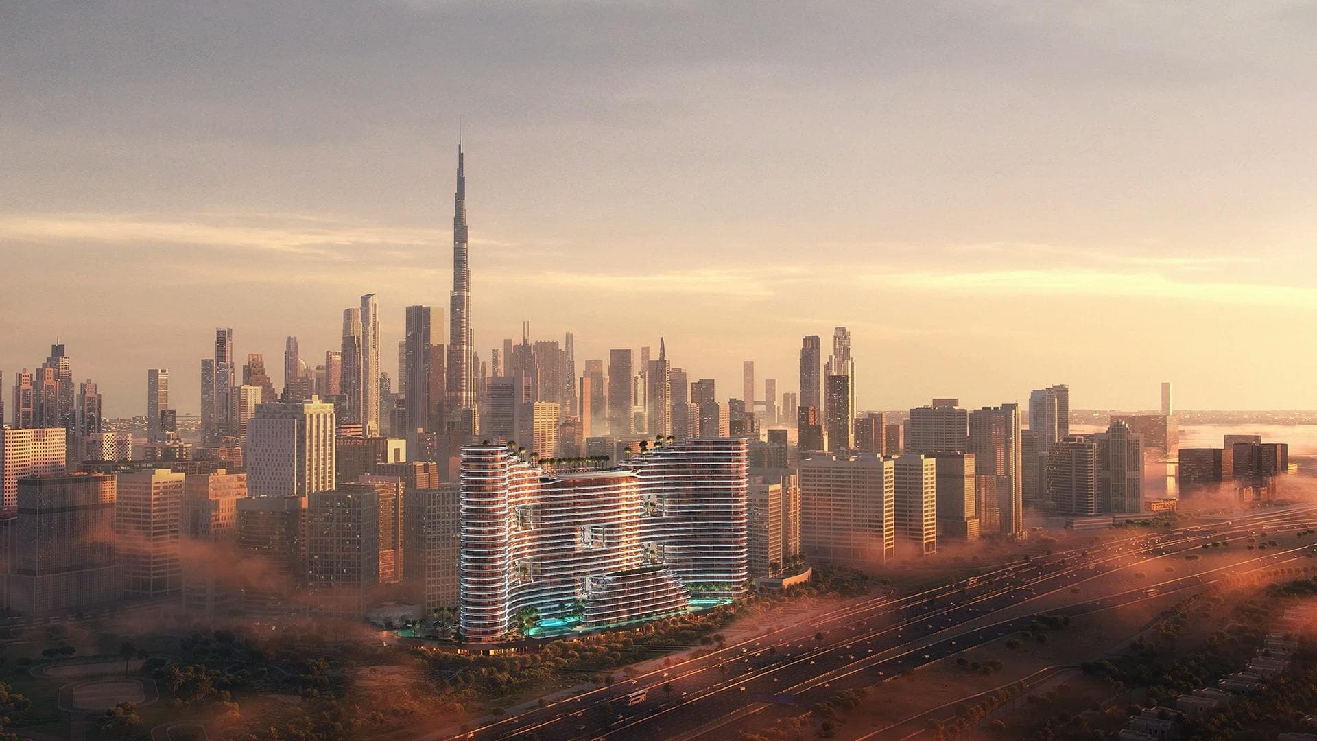 Binghatti Aquarise: Aquarise skyline and distant Downtown Dubai at sunset; official developer rendering