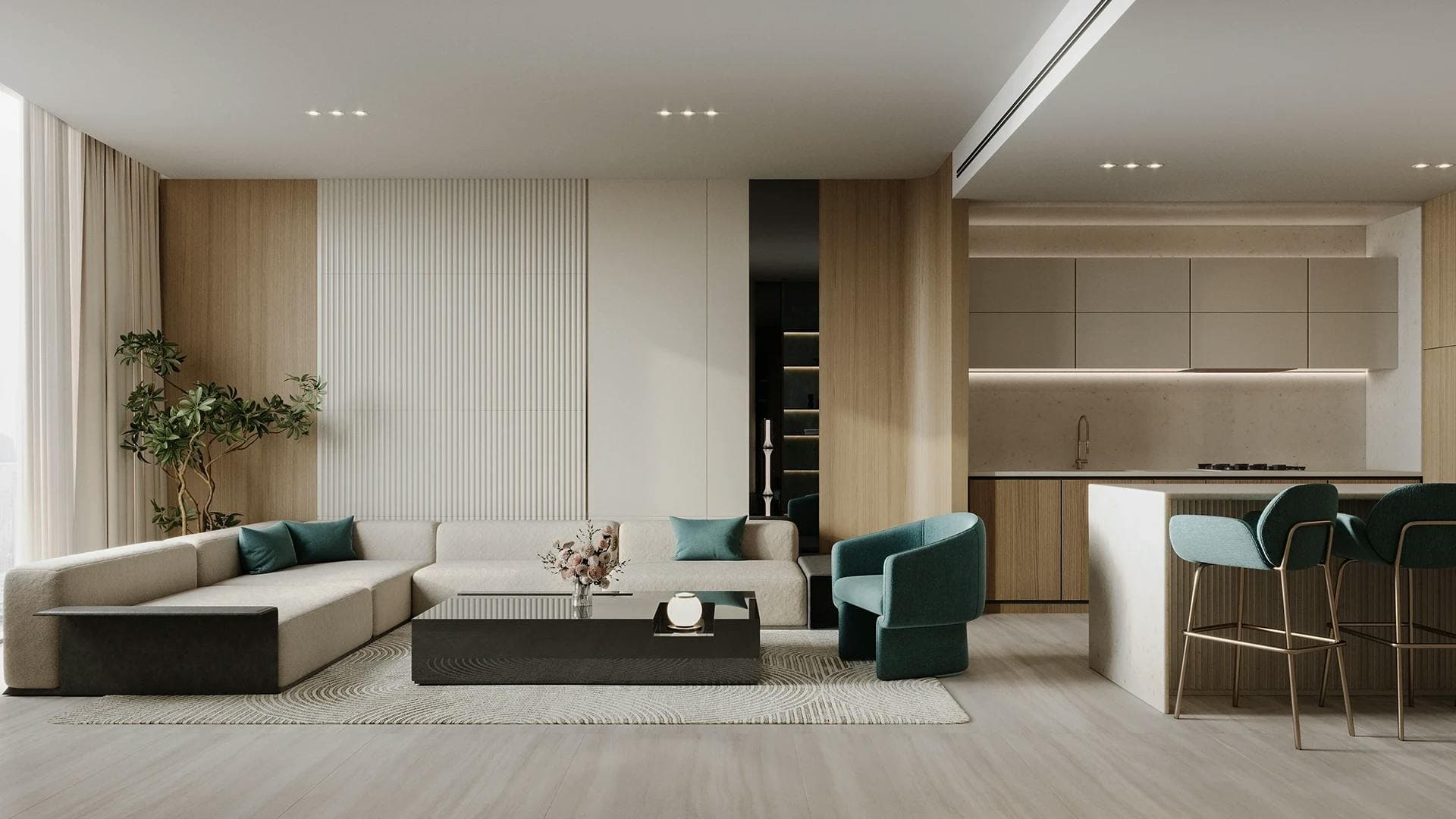 Binghatti Aquarise: Aquarise living room and kitchen interior; official developer rendering