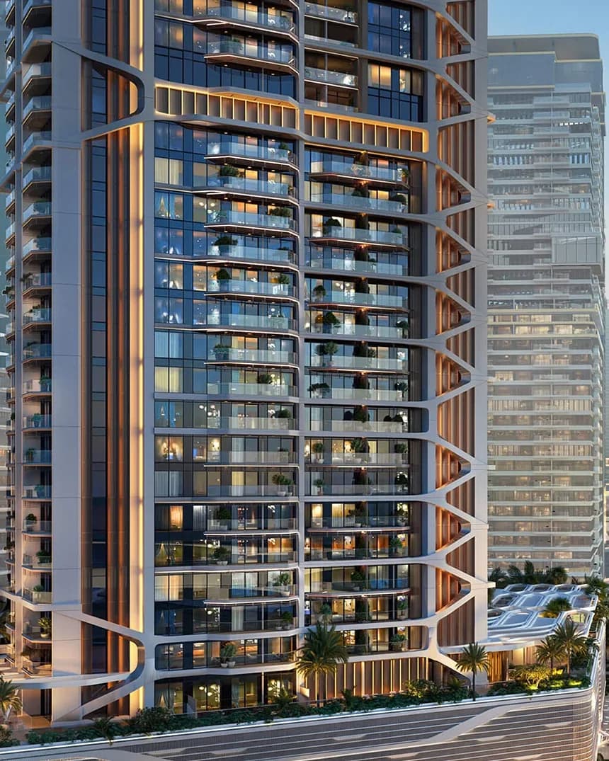 Eltiera Heights: residential tower facade and balconies — architectural rendering