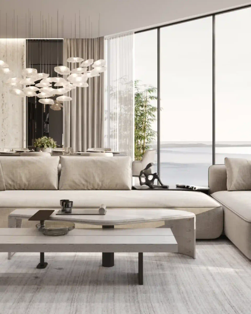 AMRA Residences: furnished living room with floor-to-ceiling windows; official developer rendering