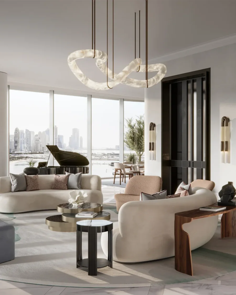 AVA at Palm Jumeirah: residence living room with full-height windows — architectural rendering