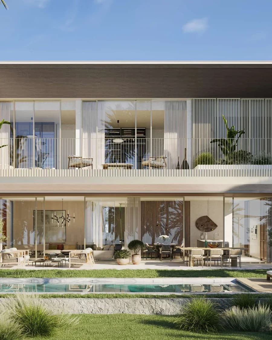 Bay Villas: waterfront villa exterior and private pool — architectural rendering