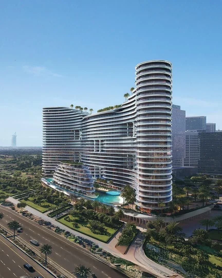 Binghatti Aquarise: Curved residential building and surrounding streets; official developer rendering