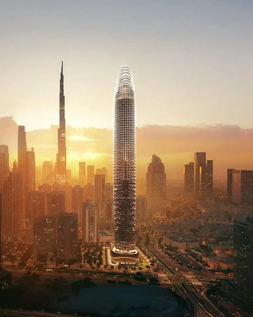 Binghatti Skyblade: Tower and Downtown Dubai skyline at sunset; official developer rendering