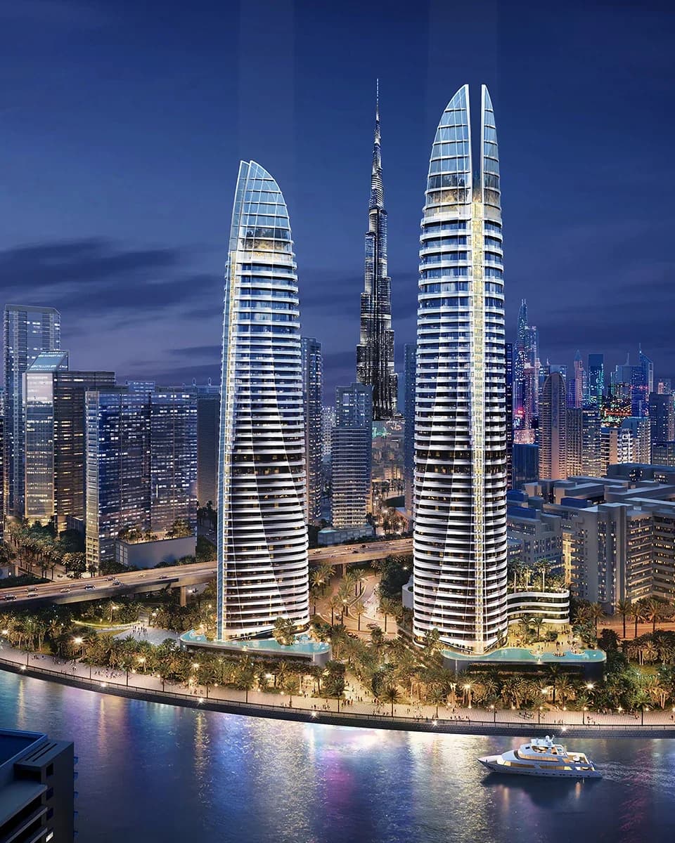 Canal Heights by de GRISOGONO: Canal-side towers and surrounding skyline at night; official developer rendering