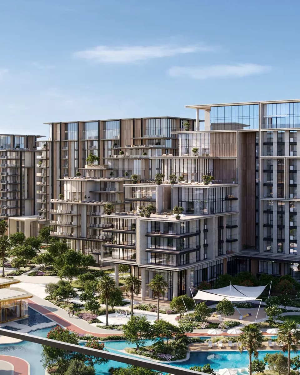 Crestlane 4 and 5 residences and landscaped water features; official developer rendering