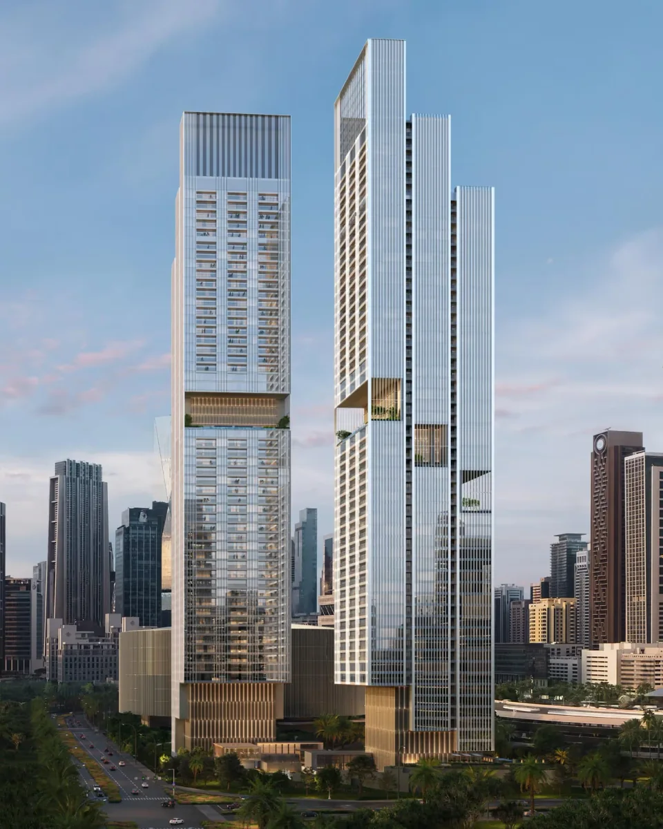 Jumeirah Residences Emirates Towers: residential towers with cantilevered terraces — architectural rendering