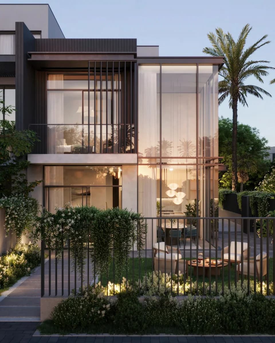 La Tilia at Villanova: townhouse exterior and landscaped garden — architectural rendering