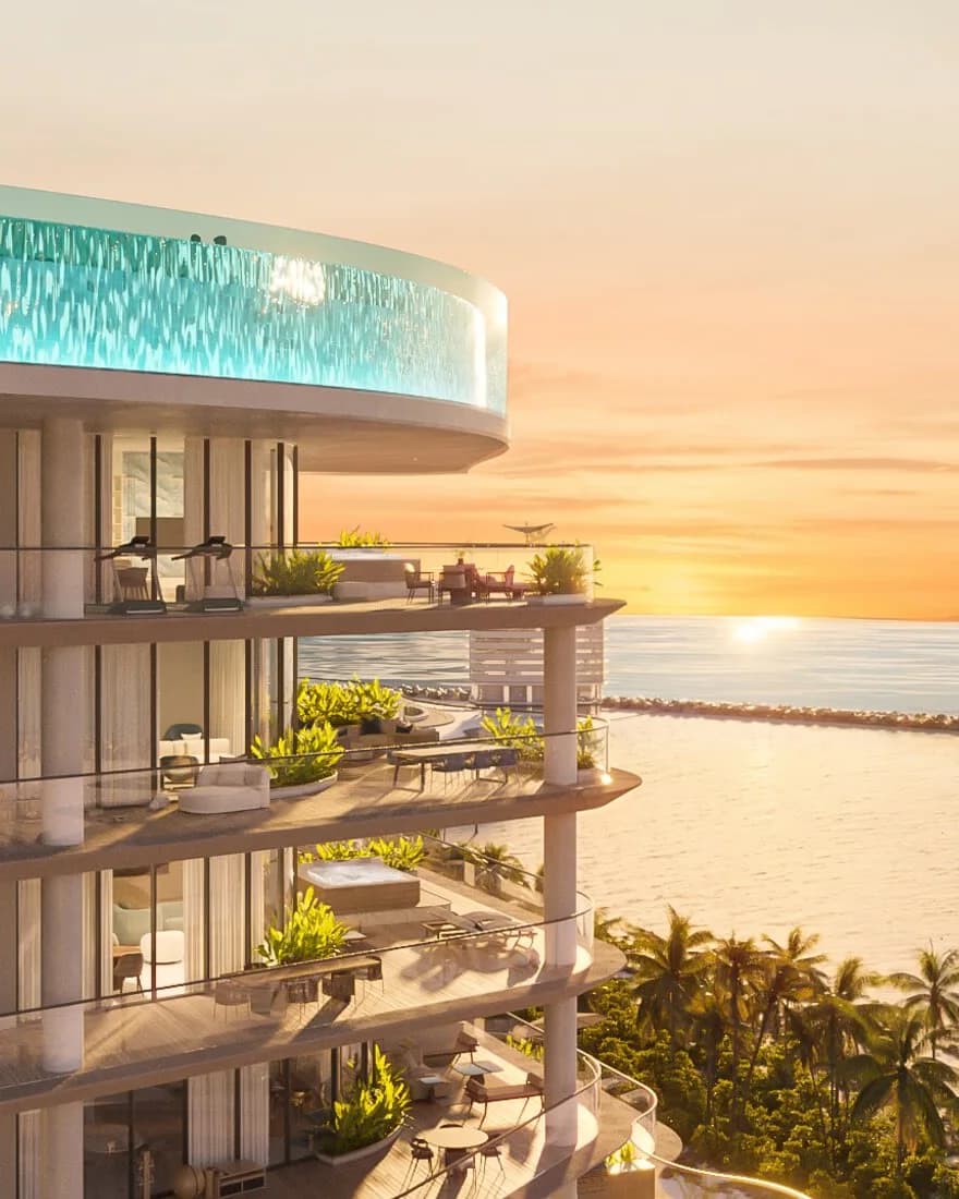 Manta Bay: rooftop pool and curved building overlooking the beach at sunset — rendering