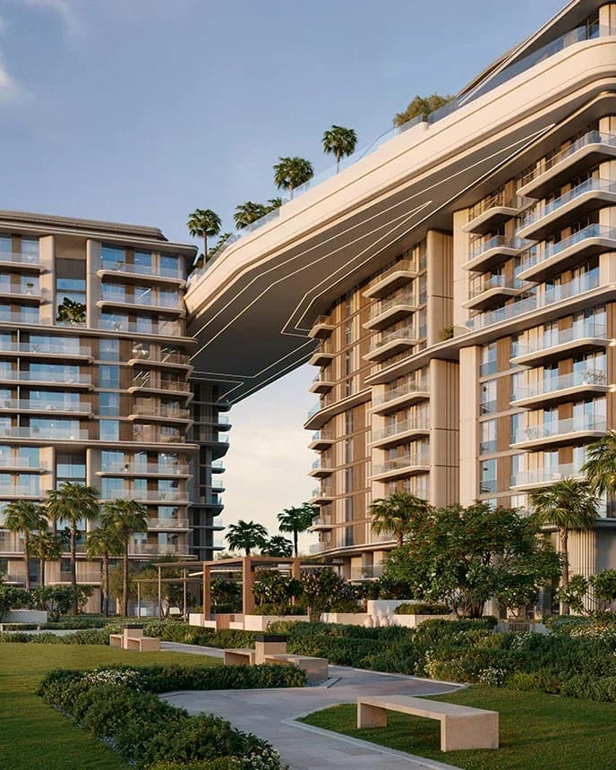 Nourelle at Madinat Jumeirah Living: Residential buildings linked by a landscaped skybridge; official developer rendering