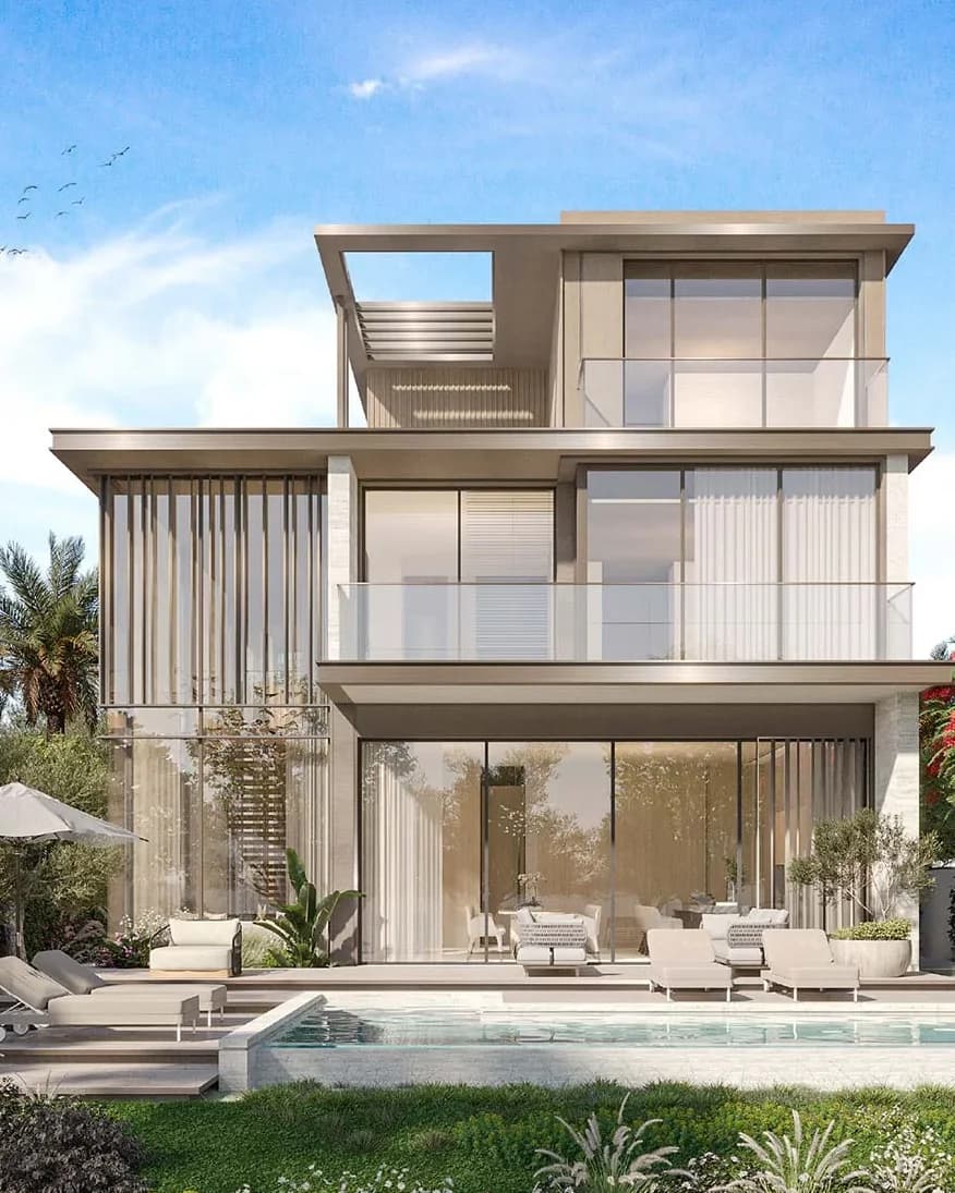 Nad Al Sheba Gardens: villa exterior and garden — architectural rendering