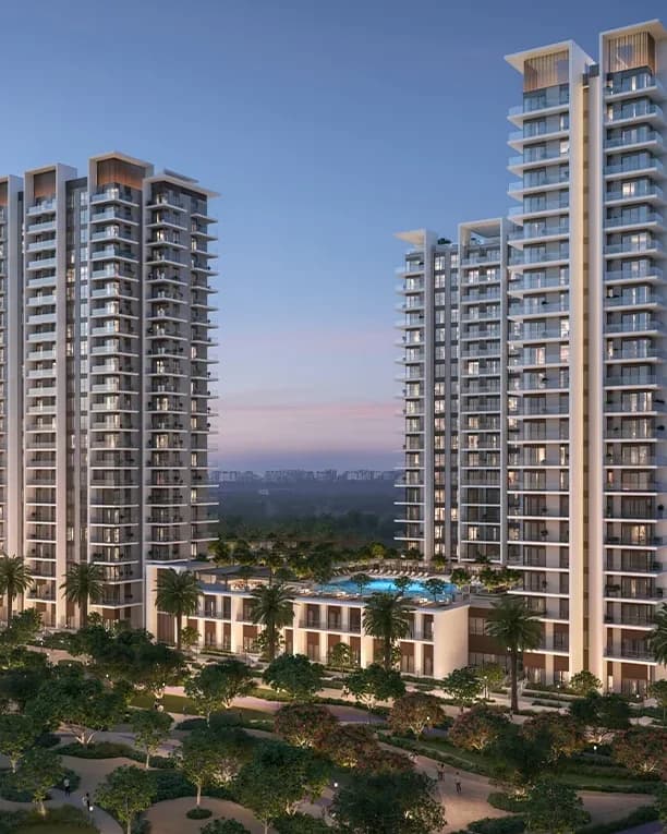 Rosehill: residential towers and landscaped podium — architectural rendering