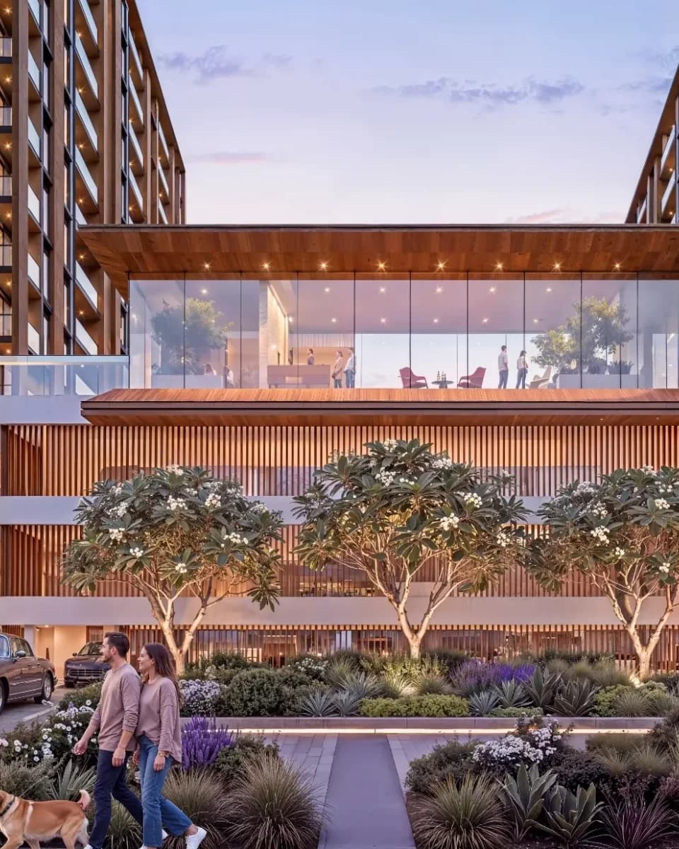 The Woods at Sobha Sanctuary: Apartment buildings and landscaped arrival courtyard; official developer rendering