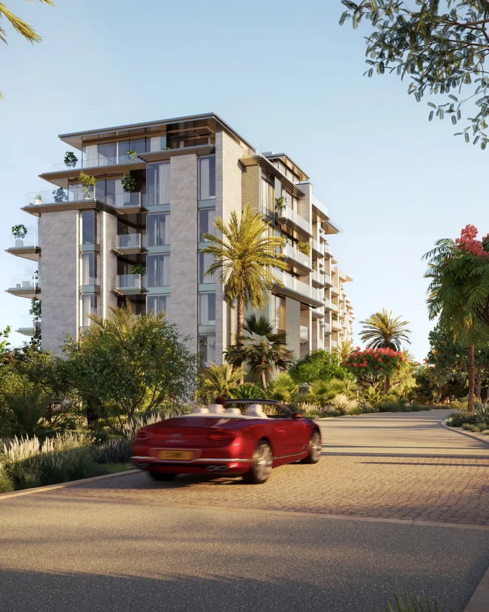 Solaya: residential building entrance and balconies — architectural rendering