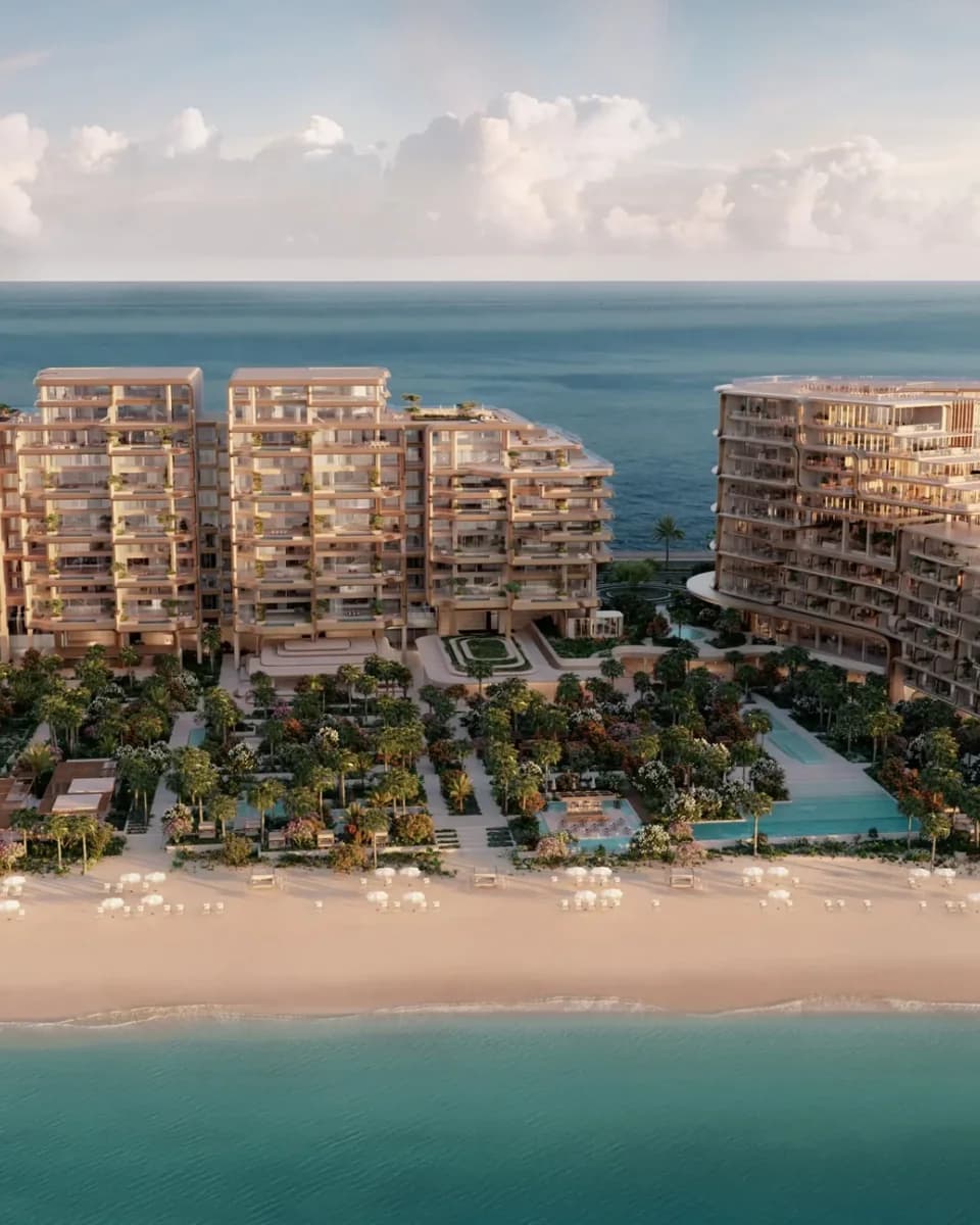 The Alba Residences: aerial beachfront buildings; official developer rendering