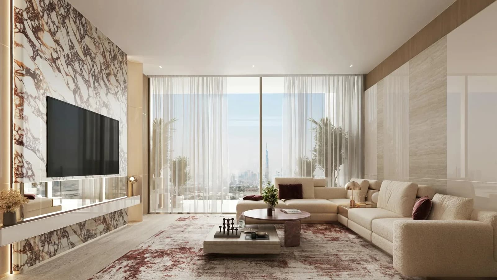 Binghatti Etherea: Living room, first view (developer rendering)
