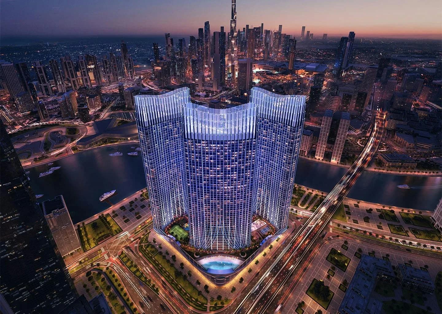 Binghatti Skyrise: Exterior at dusk (developer rendering)