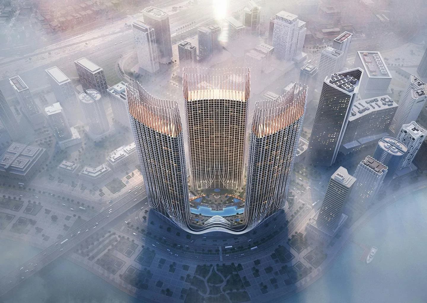 Binghatti Skyrise: Towers viewed from above (developer rendering)