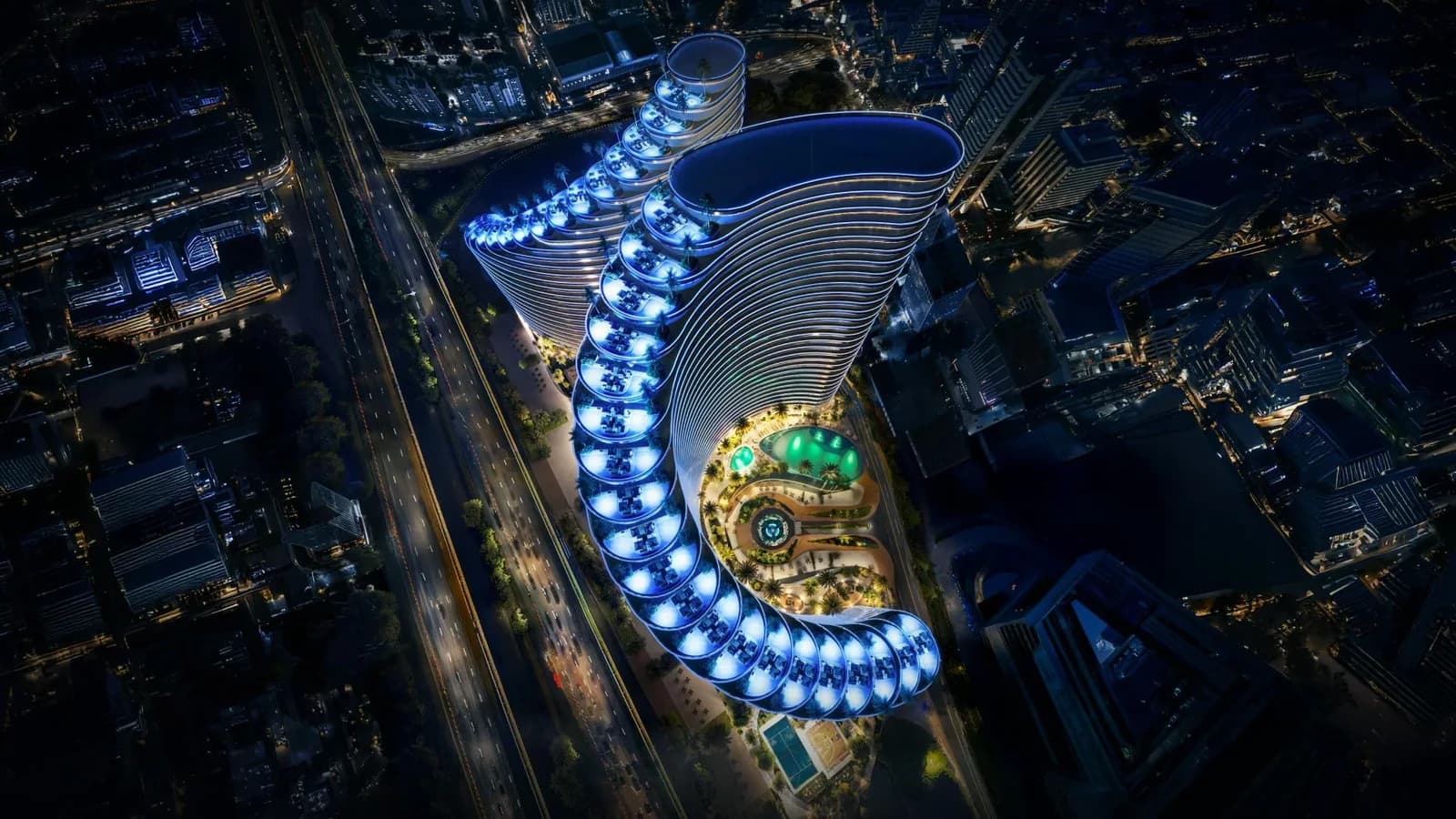 Binghatti Skyflame: Aerial view of the towers and pool decks (developer rendering)