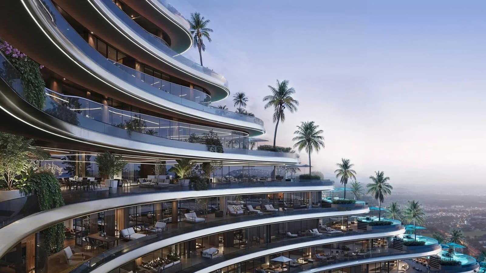 Binghatti Skyflame: Curved balconies and planted terraces (developer rendering)