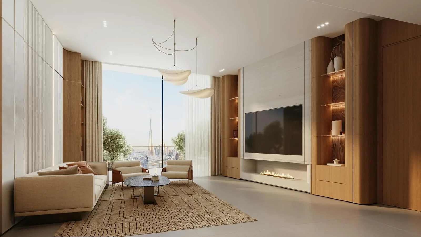 Binghatti Skyflame: Living room seating and interior finishes (developer rendering)