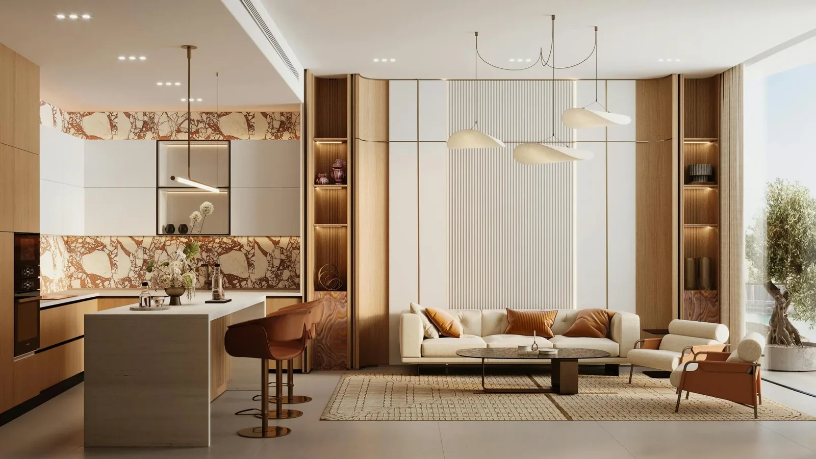 Binghatti Skyflame: Living room with an open kitchen and dining area (developer rendering)