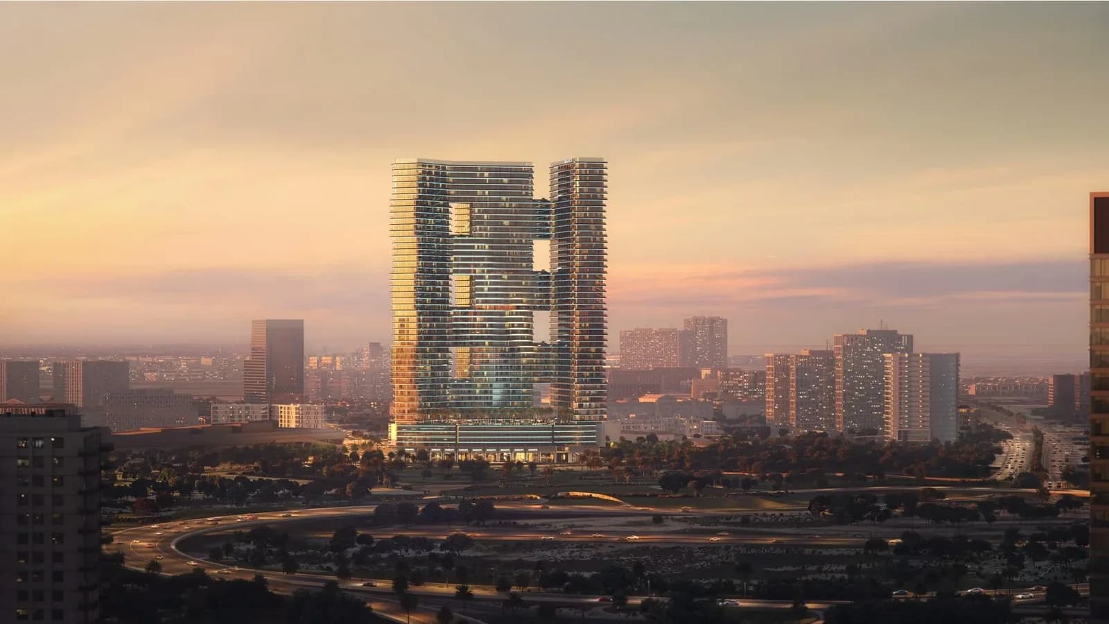 Binghatti SkyTerraces: Exterior in warm evening light (developer rendering)