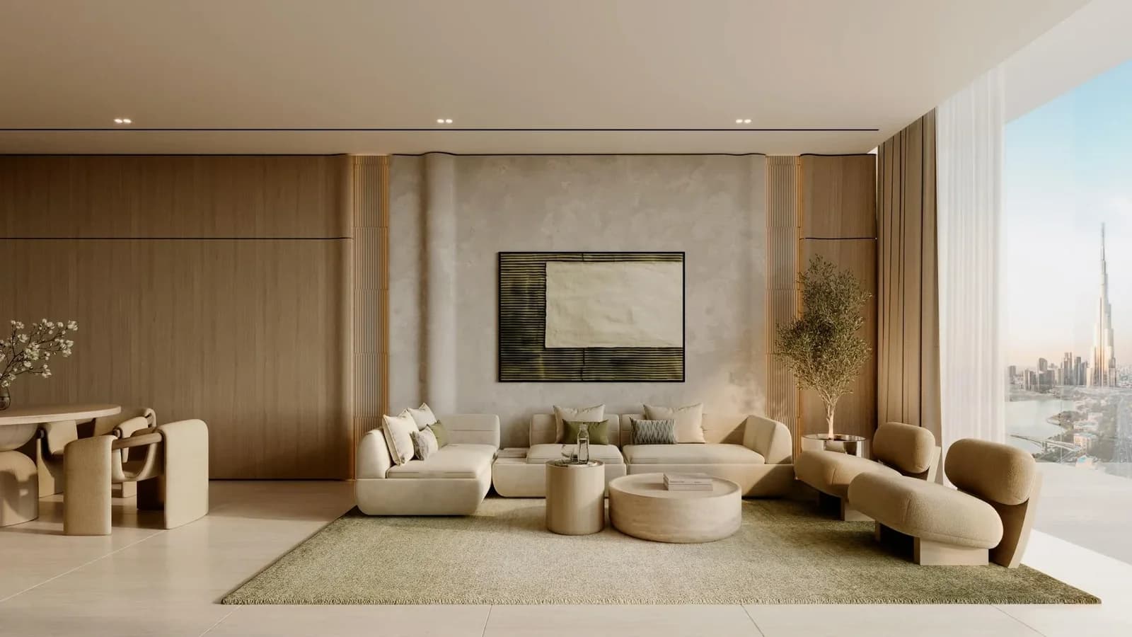 Binghatti SkyTerraces: Living room seating and interior finishes (developer rendering)