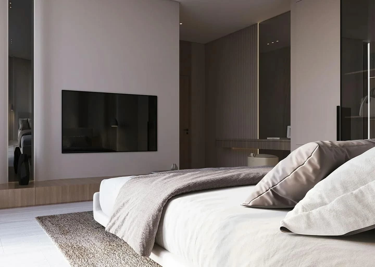 Binghatti Starlight: Bedroom with television and fitted cabinetry (developer rendering)