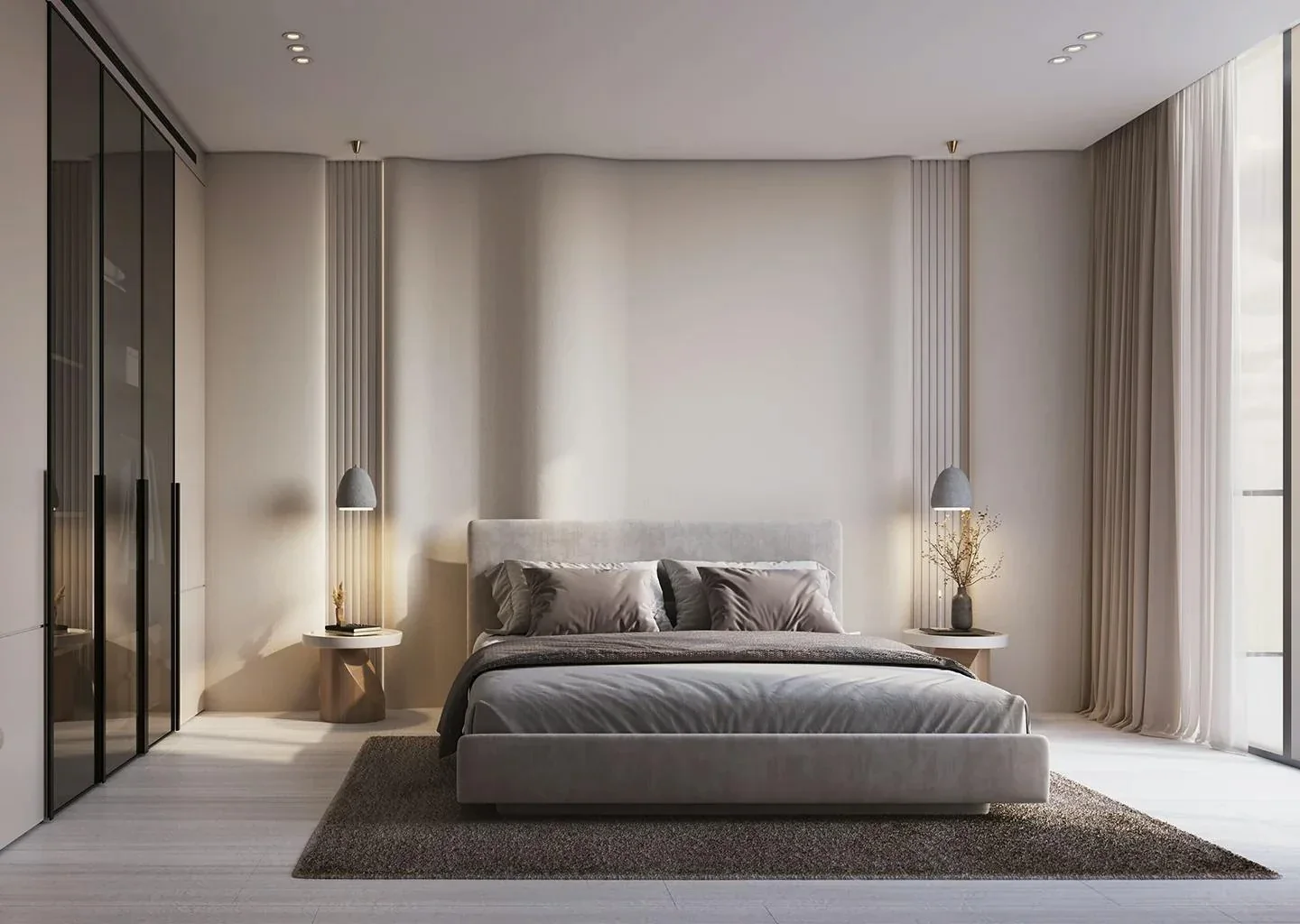 Binghatti Starlight: Bedroom facing the bed and headboard (developer rendering)