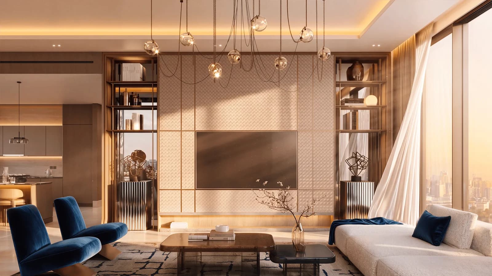 Binghatti Starfall: Living room seating and interior finishes (developer rendering)