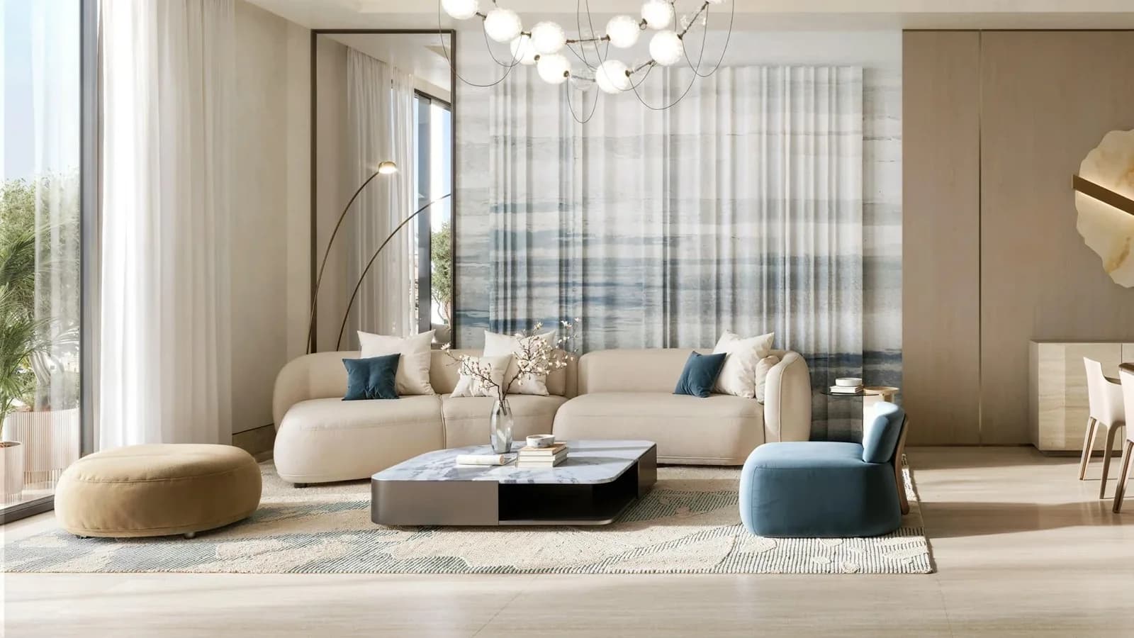 Binghatti Wraith: Living room seating and interior finishes (developer rendering)