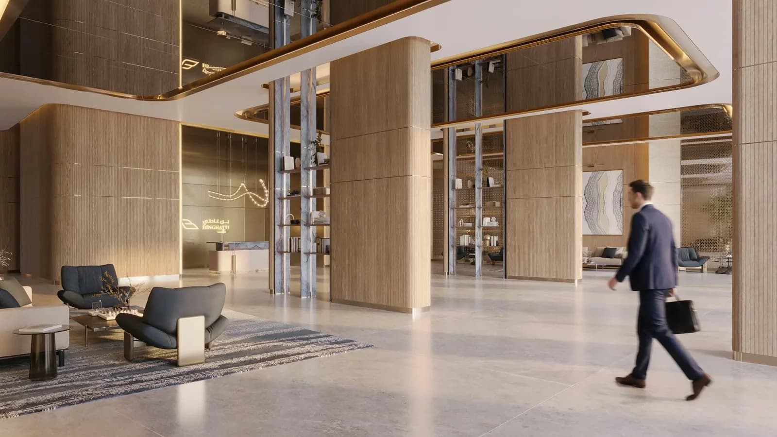 Binghatti Wraith: Lobby seating area (developer rendering)