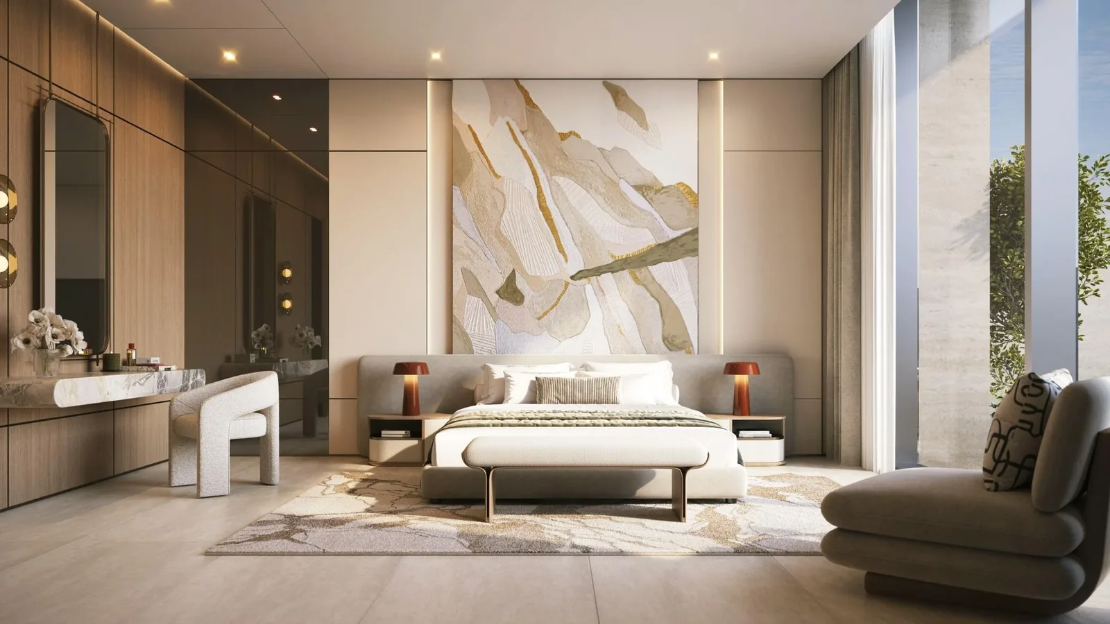 Tilal Binghatti: Bedroom facing the bed and headboard (developer rendering)