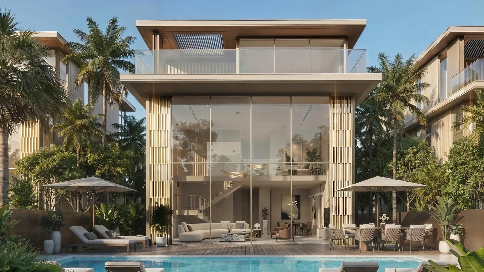 Tilal Binghatti: Villa façade facing a pool (developer rendering)