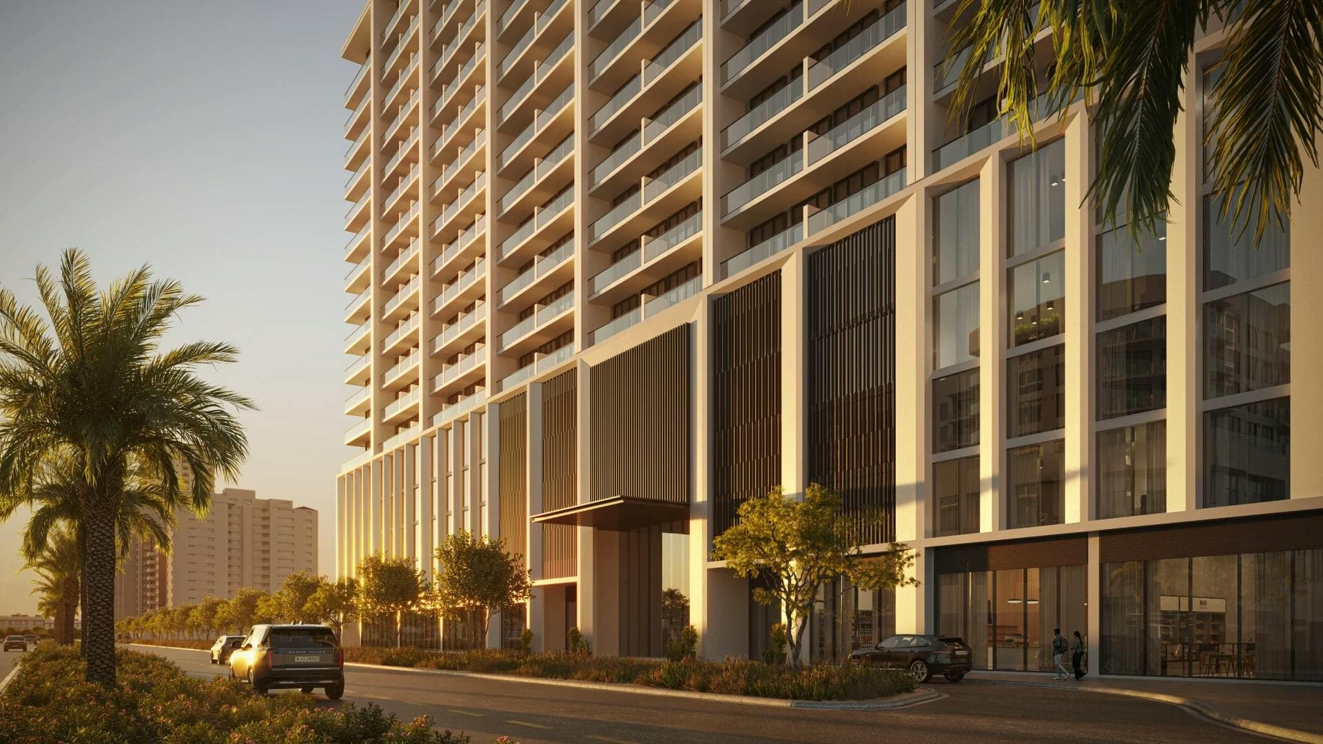 Binghatti Amberhall: Street-level entrance and glazed façade (developer rendering)