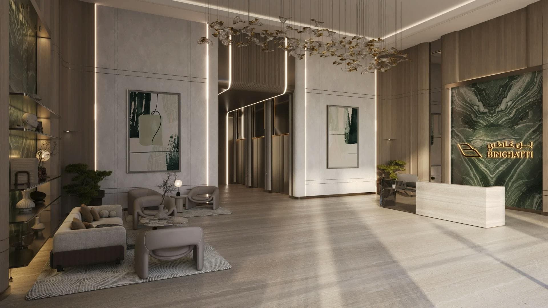 Binghatti Amberhall: Lobby seating and decorative ceiling (developer rendering)